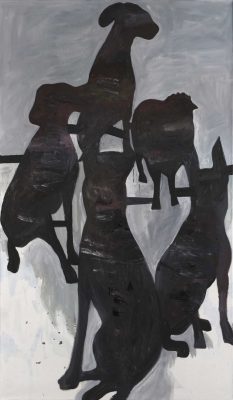 Hunde und Schaf, 2019, Öl auf Leinwand, 240 x 140 cm